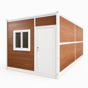 Contenedor plegable – Social, para parcela o jardín, 14 m² – Acabado imitación madera, móvil.