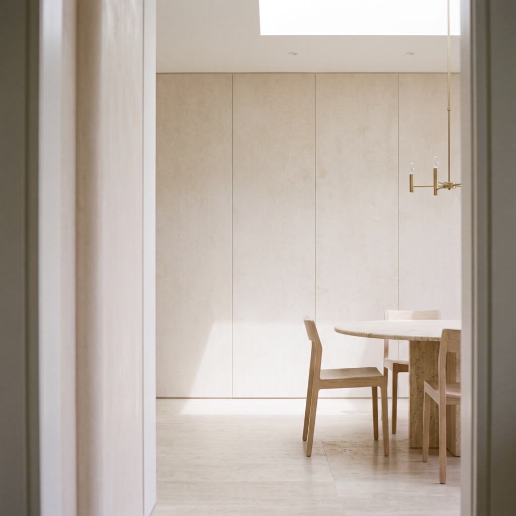 Dolomatic Travertine Andean White biały ciepły — jadalnia