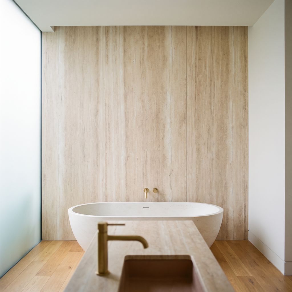 Linear Travertine Roman Yellow rdzawobeżowy — łazienka