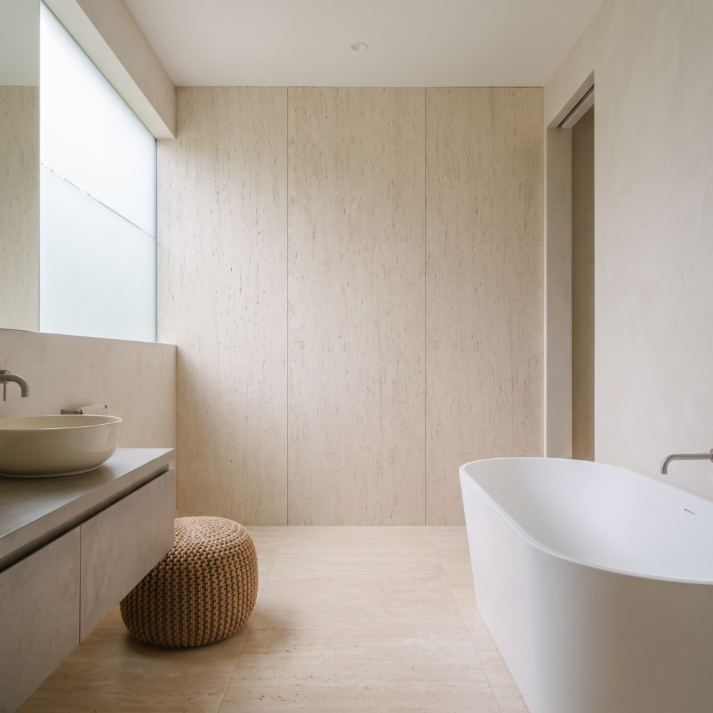 Roman Huge Travertine White Golden beżowy — łazienka