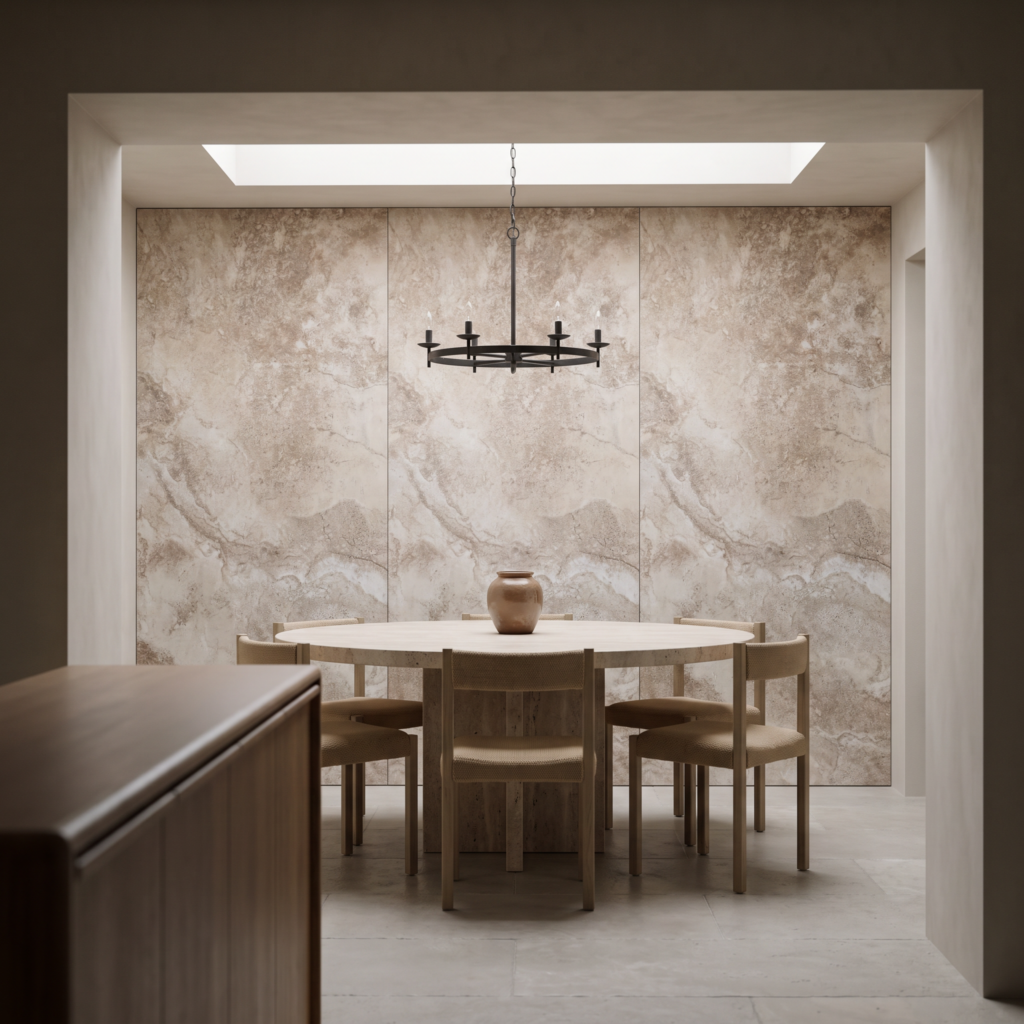 Dolomatic Travertine Clay Bank beżowobrązowy — jadalnia